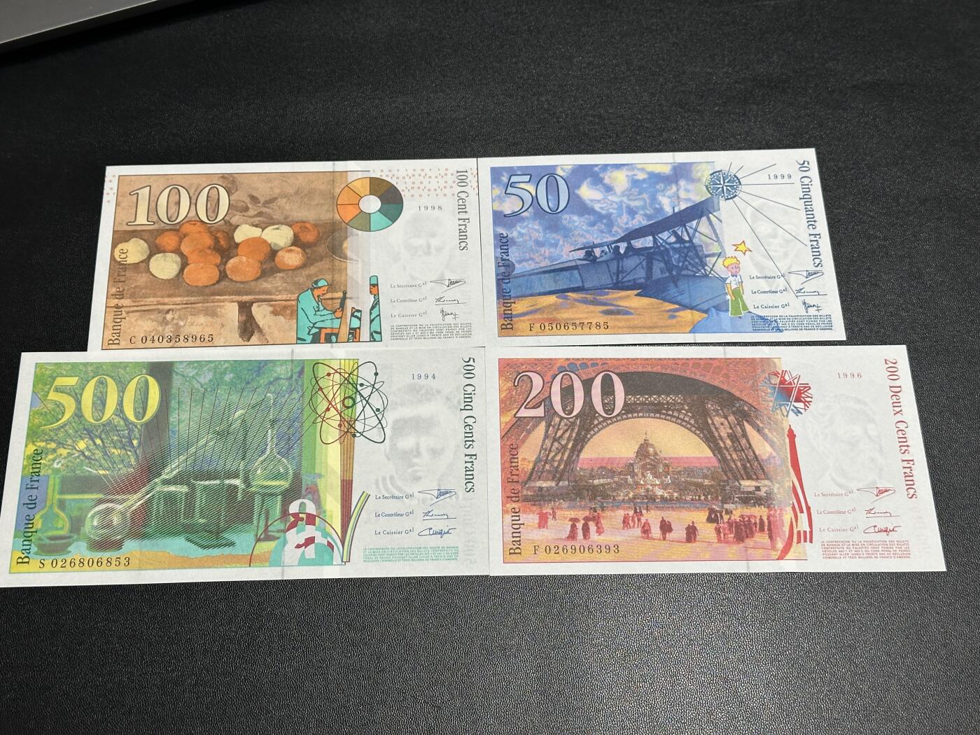 《外钞收藏家》第五百七十八期（热门品种好货场）（本平台长期征集拍品、欢迎藏友们联系合作） 法国末版50-500法郎 四张一起 全新UNC