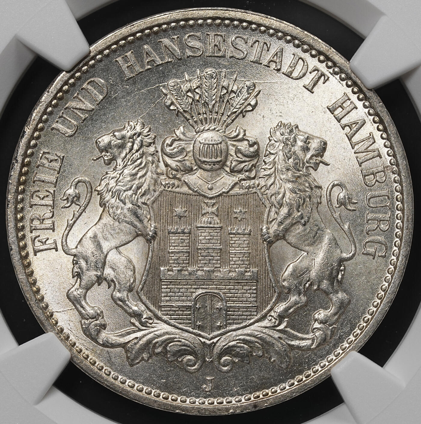 修遠堂世界钱币第九十期 NGC MS65 1911年汉堡3马克银币