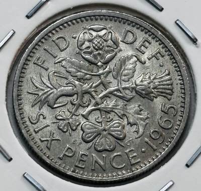 文馨钱币收藏第 277 场，熊猫金币，银币，老藏家日本明治时代到昭和时代全时期专场（特年非常多），长期接收代拍品 - 原光品相 1965 年英国幸运 6 便士