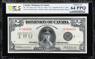 【Blue Auction】世界纸币精拍第741期——18级TOP拍卖/信誉/品质/专业/高效💫 -  【高分凤毛麟角 “X”系列是该类型纸币的最后一个系列 百年风云】加拿大 早期 自治领1923年2元 正面威尔士亲王爱德华后来的国王爱德华八世军装像帅气十足 雕刻非常细腻传神（1936年登基 不爱江山爱美人 在位不到1年）油墨状态佳 票面硬挺 彩色防伪点 PCGS64EPQ全新原票（一张PMG64的22年拍了2400美金，背面大量褶皱没有这张原票状态好）