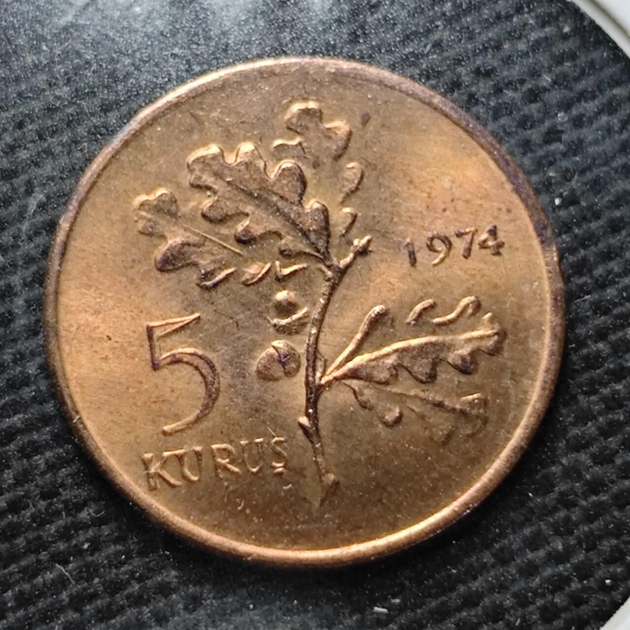 KK钱币收藏小铺  第357场  2月预留时间 周末发货  1974土耳其5库鲁铜币