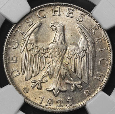 修遠堂世界钱币第九十期 - NGC MS64 1925年德国魏玛政府2马克银币 D厂铭 较少见年代厂铭