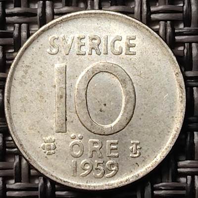 布加迪🐬～世界钱币(上海)🌾第 257 期 /  各国套币和散币 - 瑞典🇸🇪 1959年 10奥尔 银币 15mm~C1