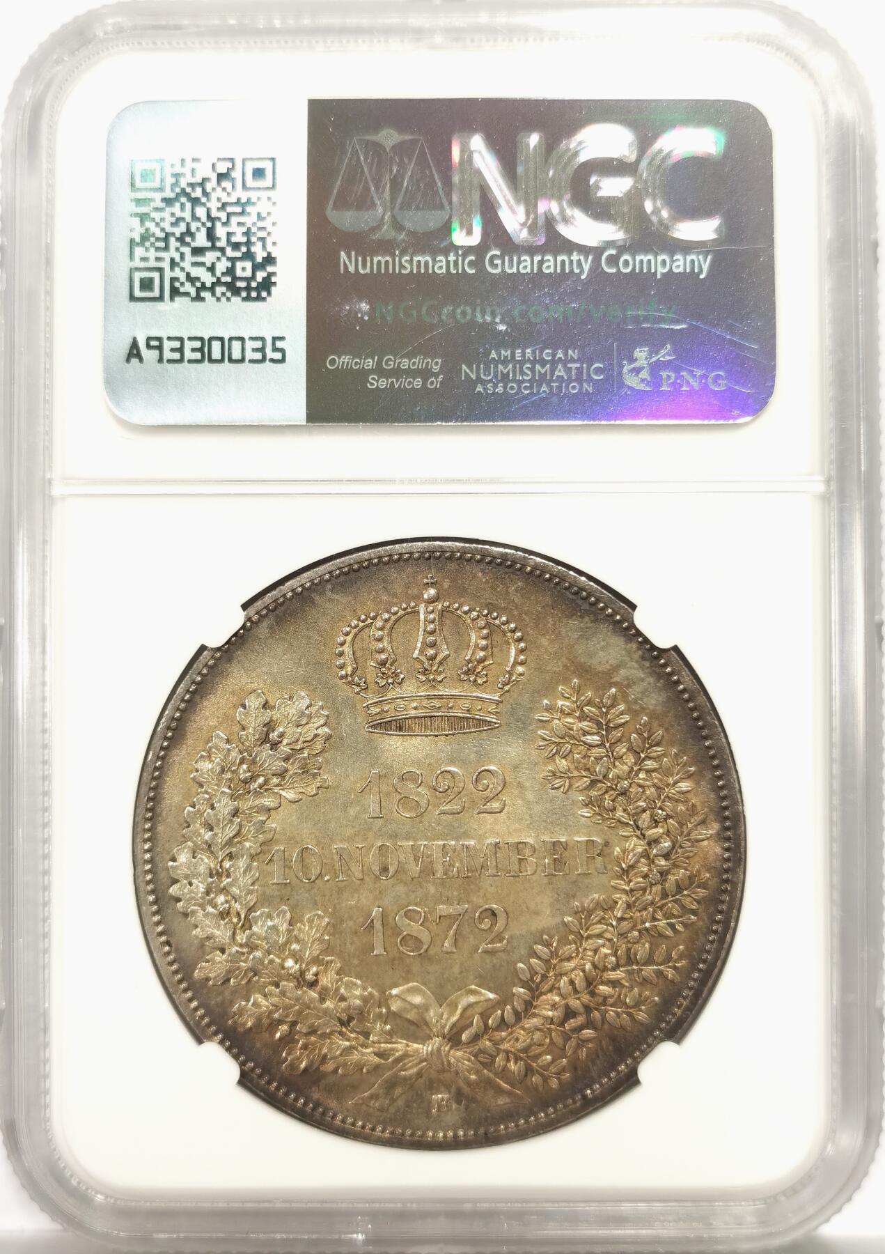 博洋堂世界钱币拍卖第144期（全场包邮） NGC MS62 德国萨克森1872年金婚纪念2泰勒银币，MS的2泰勒越来越少。