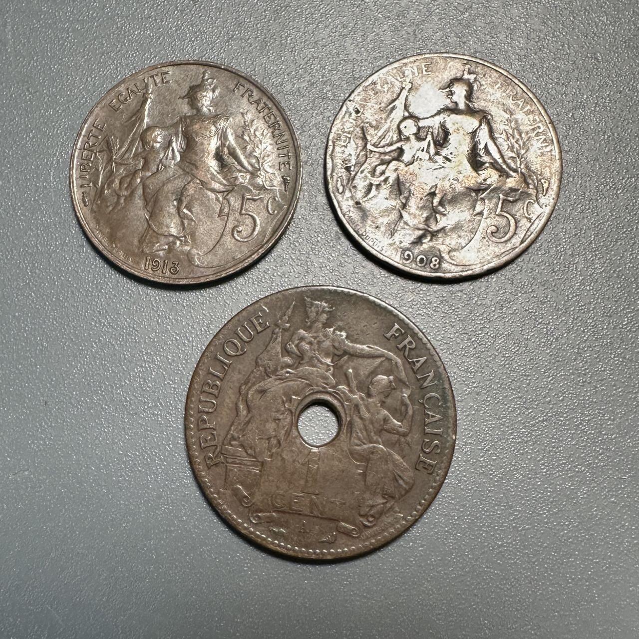 蒂克钱币-第45场 外国硬币散币 法国（1908、1913年）法属印支1897年 铜币 三枚