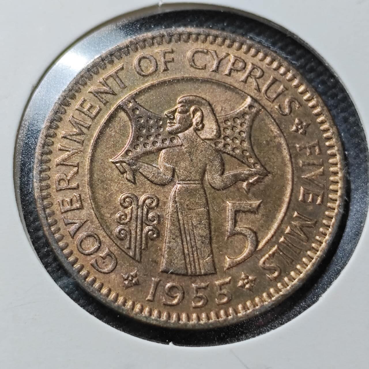 KK钱币收藏小铺  第358场  2月预留时间 周末发货  1955英属塞浦路斯5米尔铜币