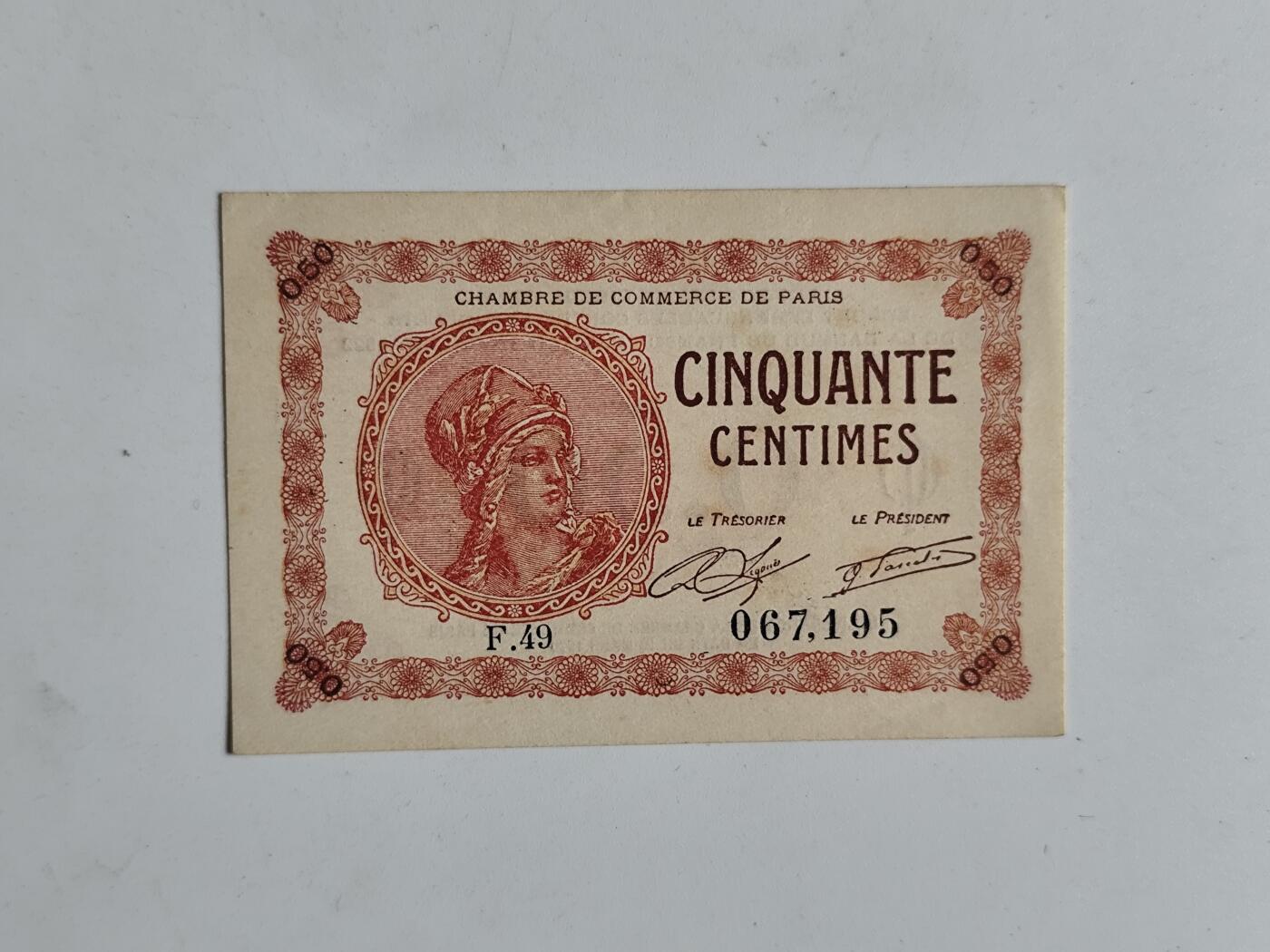 10月23日小精品外国纸币 法国1920年50生丁纸币