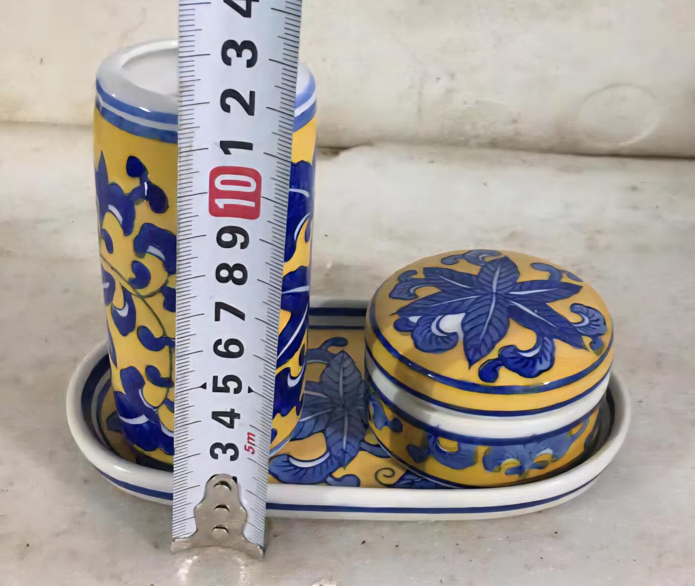 听雨轩（7） 柴烧工艺青花瓷老货书房三件套 帝王黄底釉