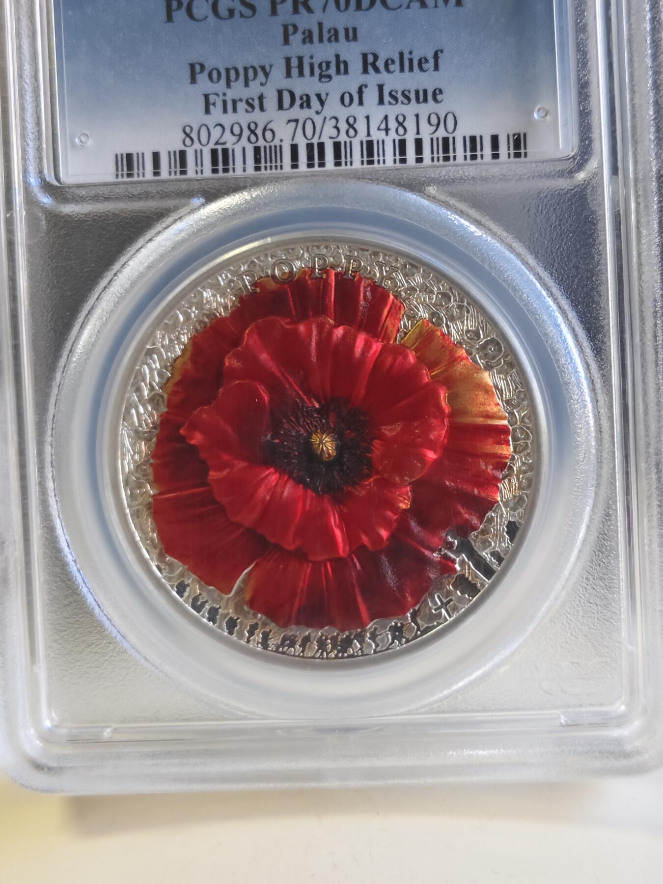 第179期拍卖【长期征集拍品】 帕劳2019年花卉罂粟花2盎司高浮雕彩银币PCGS-PR70，999银，发行999枚