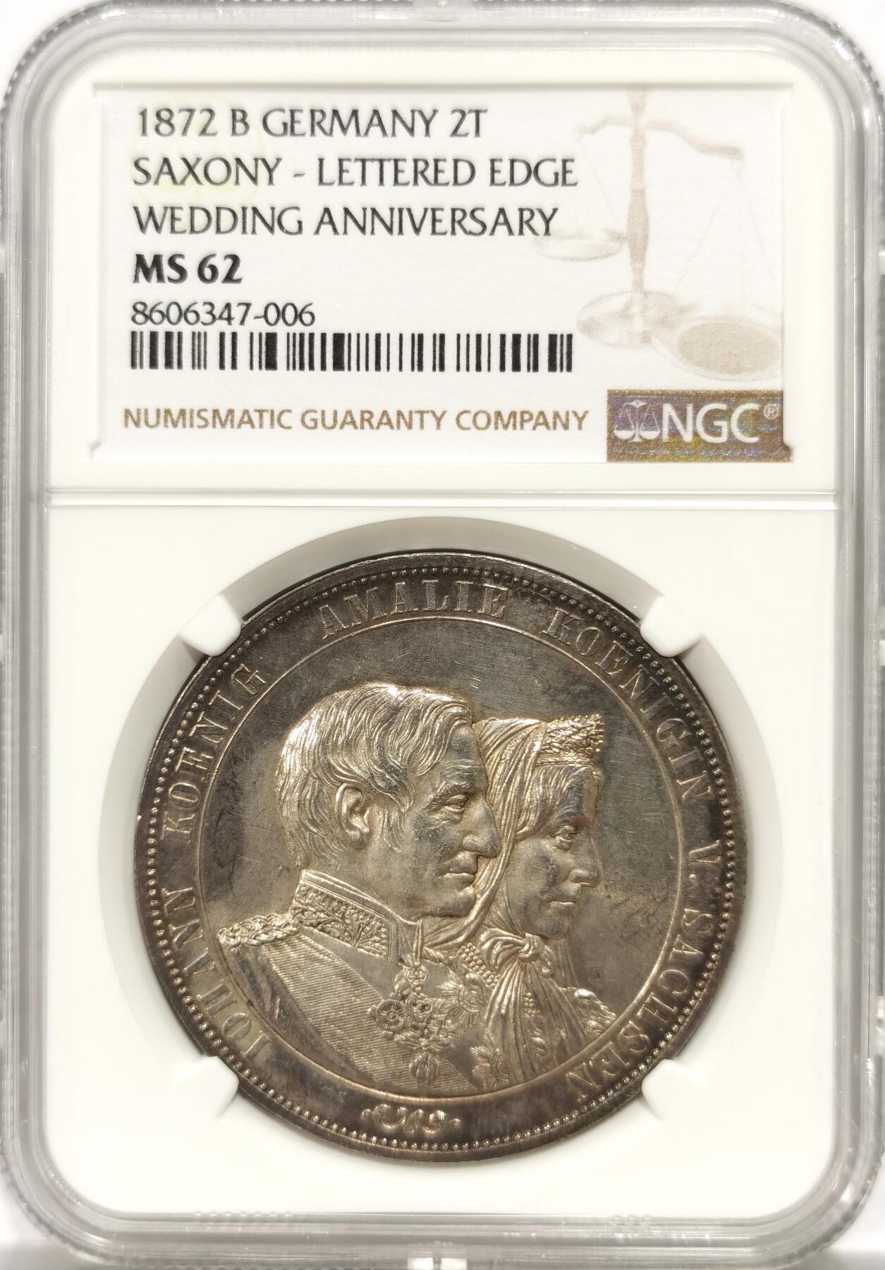 博洋堂世界钱币拍卖第144期（全场包邮） NGC MS62 德国萨克森1872年金婚纪念2泰勒银币，MS的2泰勒越来越少。