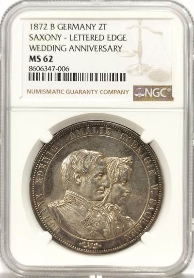 博洋堂世界钱币拍卖第144期（全场包邮） - NGC MS62 德国萨克森1872年金婚纪念2泰勒银币，MS的2泰勒越来越少。