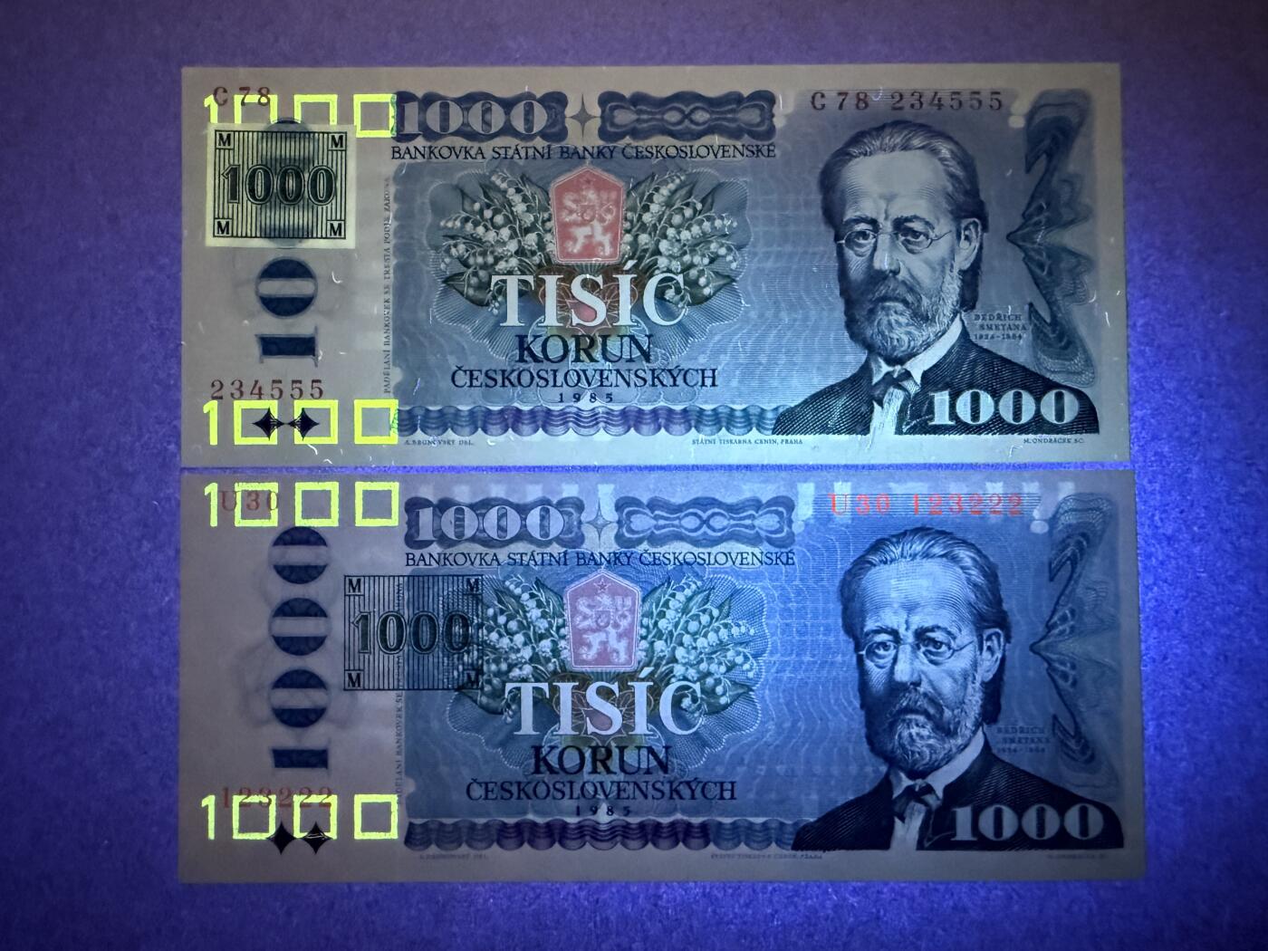 《艾美收藏》第217期-10.26周日外币精品 豹子号 捷克1000克朗2张 UNC 第一版纸币 加盖邮票和邮戳版各1张 全部豹子号