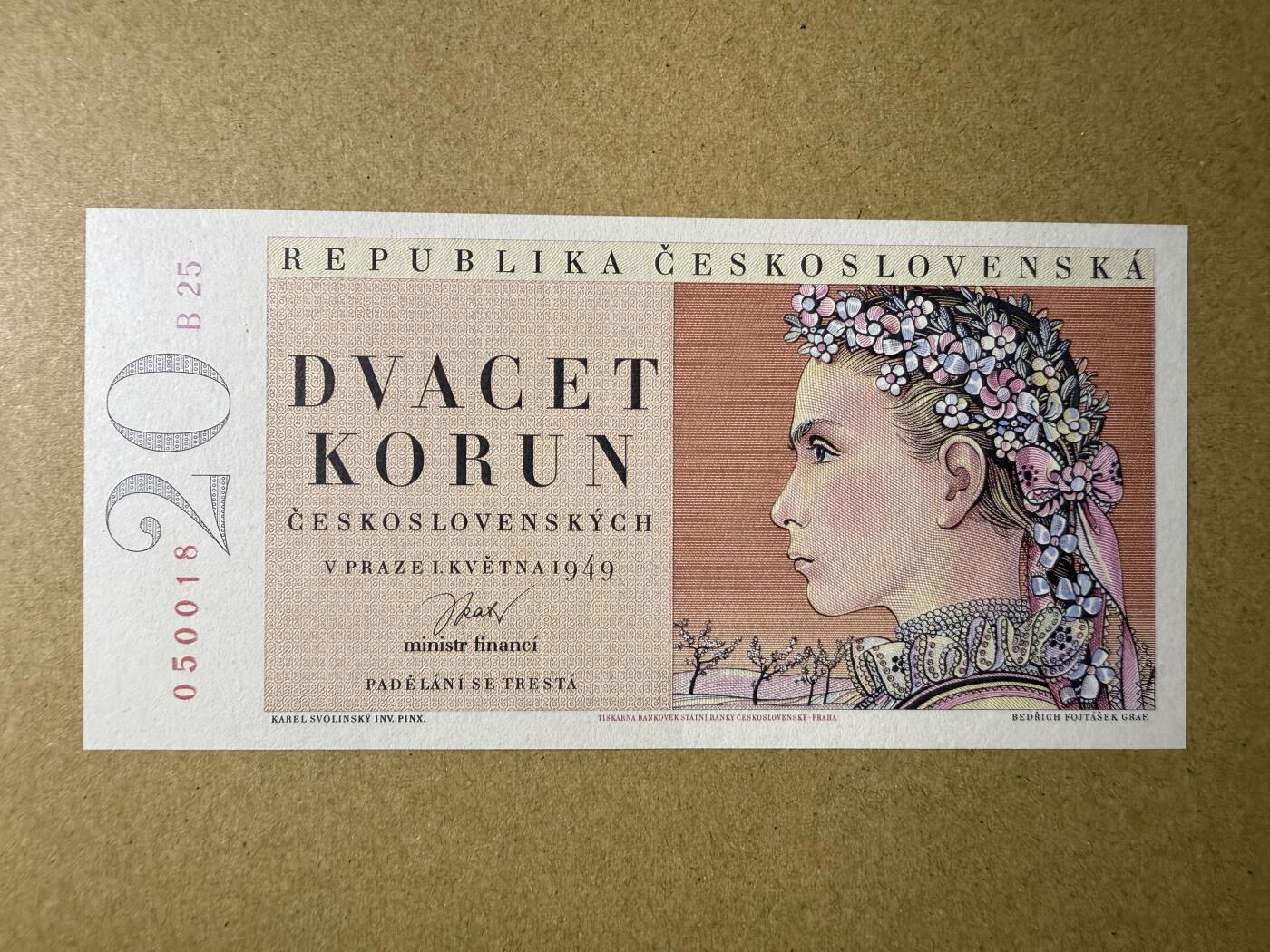 《艾美收藏》第217期-10.26周日外币精品 捷克斯洛伐克20克朗 UNC 1949年 花环少女 无347