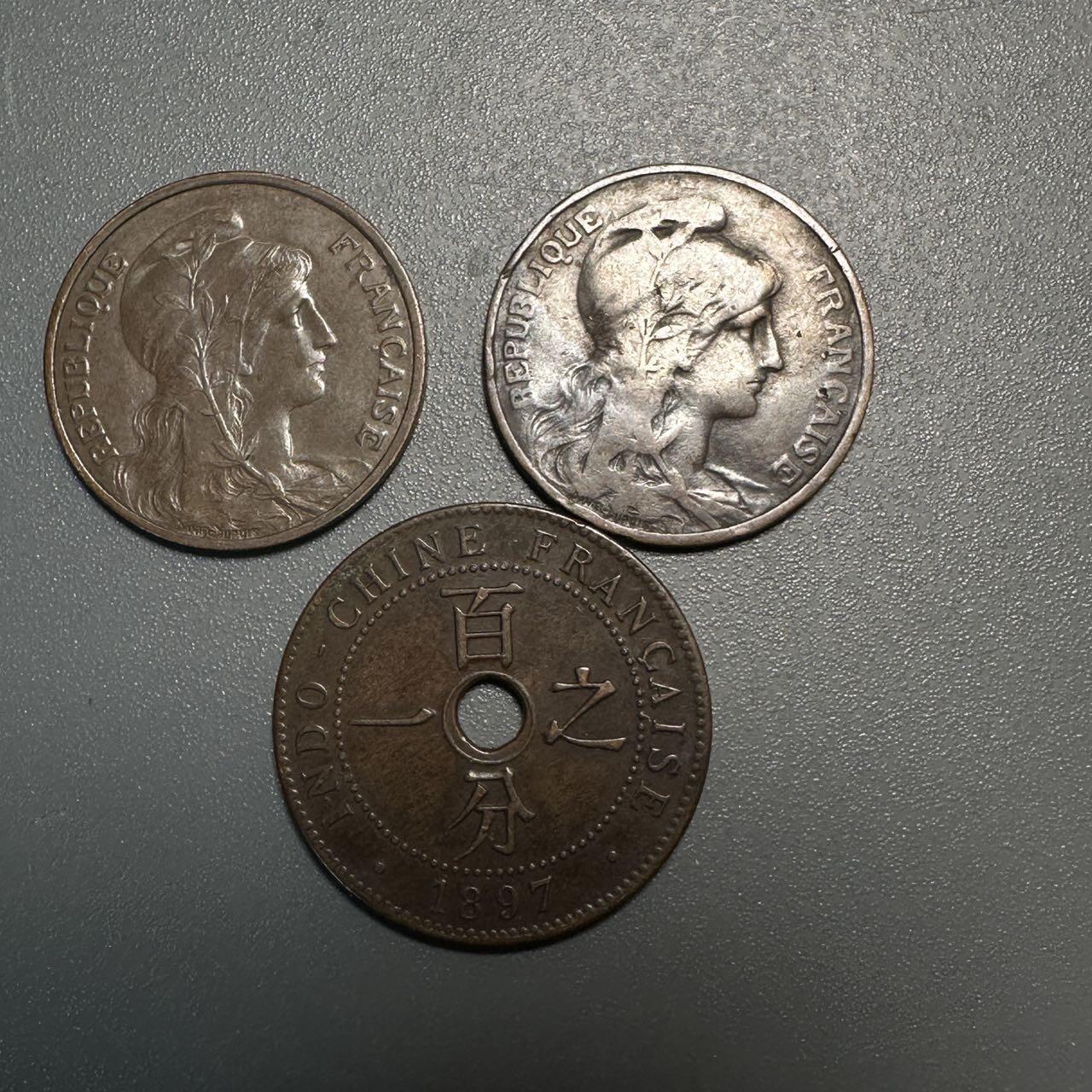 蒂克钱币-第45场 外国硬币散币 法国（1908、1913年）法属印支1897年 铜币 三枚