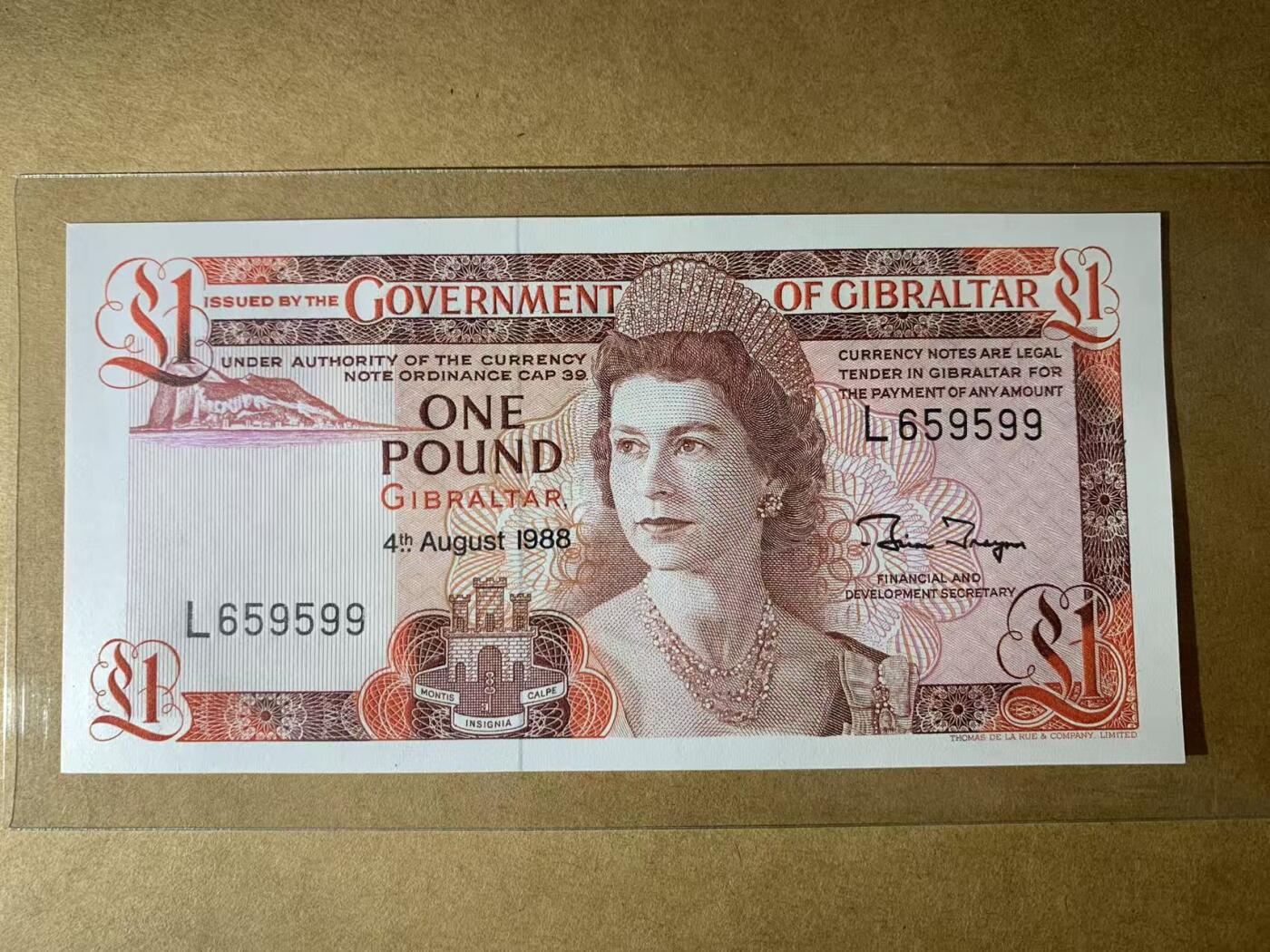 【礼羽收藏】🌏世界钱币拍卖第116期 【L659599】全新UNC 1988年直布罗陀1镑纸币 女王钞 无347尾599 钻石号
