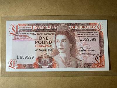 【礼羽收藏】🌏世界钱币拍卖第116期 - 【L659599】全新UNC 1988年直布罗陀1镑纸币 女王钞 无347尾599 钻石号