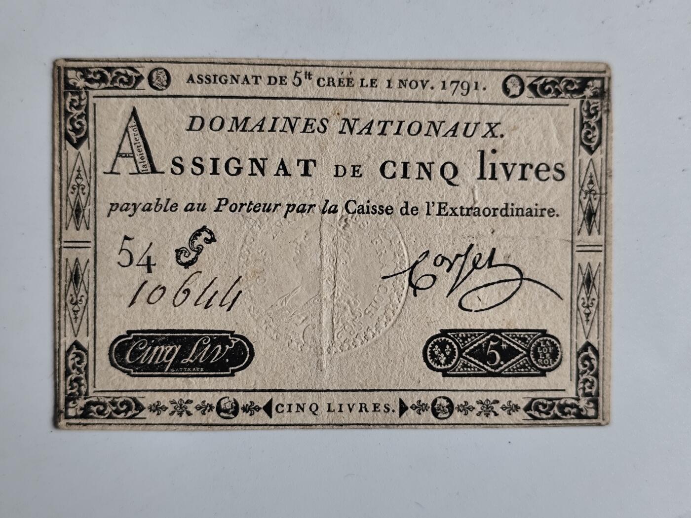 10月23日小精品外国纸币 1791年法国大革命时期纸币