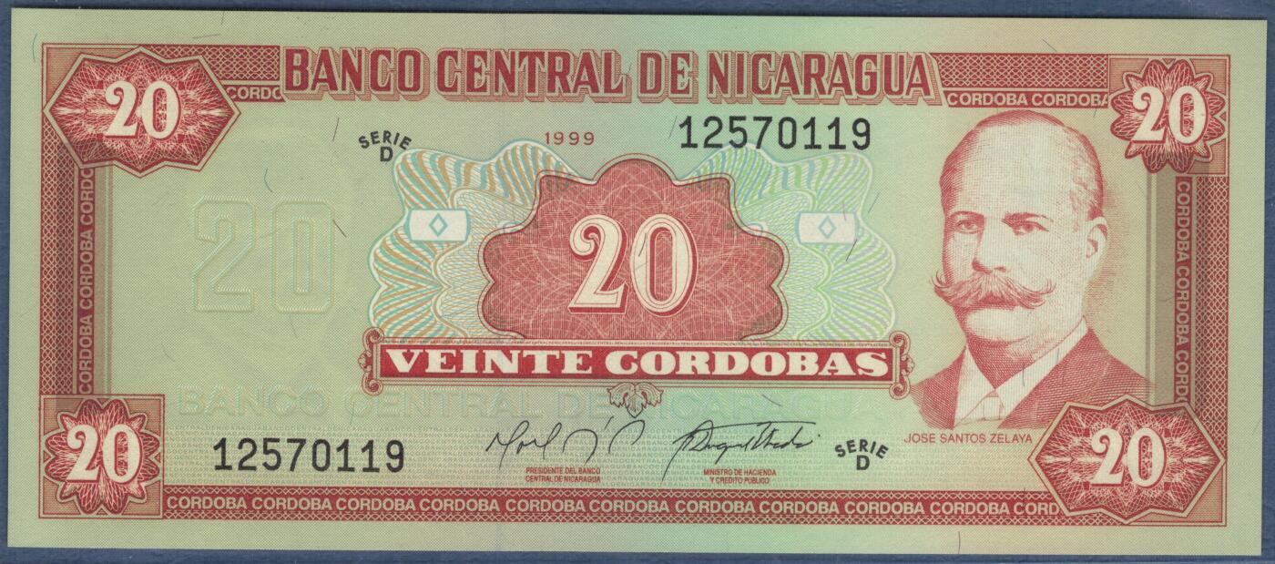 尼加拉瓜1999年20科多巴 D序列 无4 实物如图 UNC
