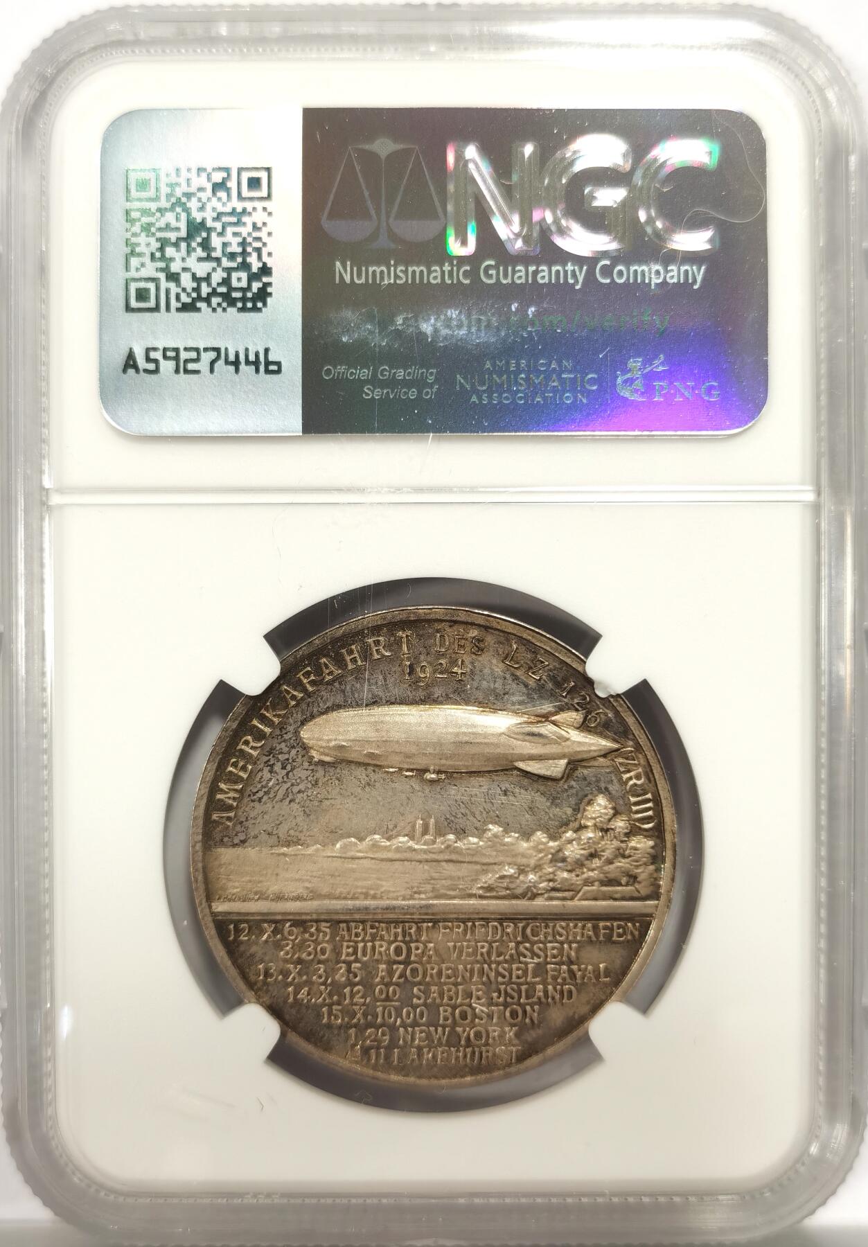 博洋堂世界钱币拍卖第144期（全场包邮） NGC MS63 德国1924年齐柏林飞艇环美洲飞行纪念银章，经典的咖啡包浆，低评状态。