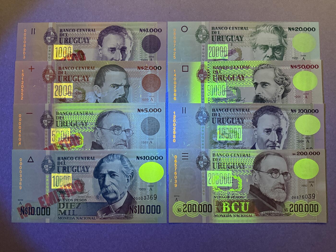 《艾美收藏》第217期-10.26周日外币精品 乌拉圭1000-200000比索8张 UNC 1989-1992年版