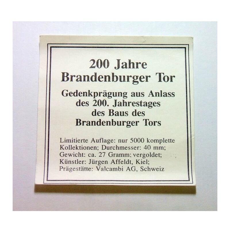 【旋风钱币】11月1日19:00准时开拍 精美欧洲币章、第三帝国钱币等 全场包邮！ 德国1991年勃兰登堡门竣工200年精制高浮雕大镀金章 带证书 40MM