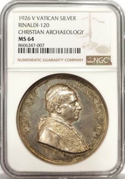 博洋堂世界钱币拍卖第144期（全场包邮） - NGC MS64 梵蒂冈1926年意大利教会罗马银章奖章 教皇庇护十一世和基督教考古研究所的正反面图案，五彩华丽的包浆，绝佳的完全未流通品相。