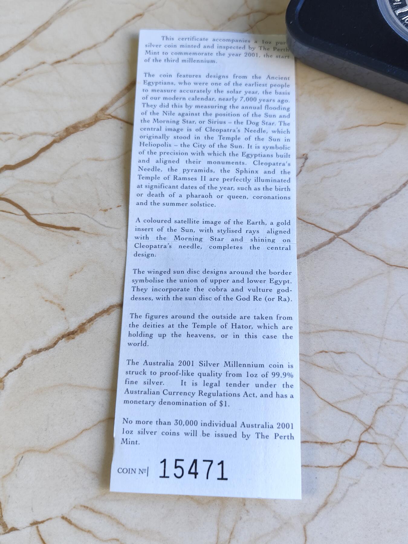 第179期拍卖【长期征集拍品】 澳大利亚2001年1元彩色类千禧年1盎司精制银币 （人类进入第三千年）999银 发行量30000枚，有白斑