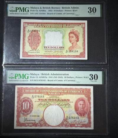 【礼羽收藏】🌏世界钱币拍卖第108期 - PMG30分 英属马来亚 1941年男王十元和1953年女王十元 品相良好 