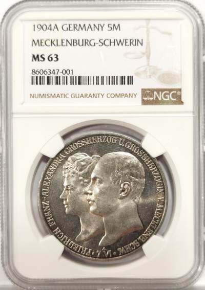 博洋堂世界钱币拍卖第144期（全场包邮） - NGC MS63 德国梅克伦堡-什未林1904年结婚纪念5马克银币，类似PL的底板。
