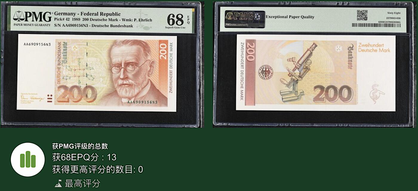 《艾美收藏》第217期-10.26周日外币精品 德国200马克 PMG68E 1989年 德国医学家埃尔利希 AA冠 无47冠军分