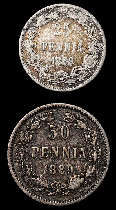 修遠堂世界钱币第九十期 - 1889年芬兰25，50盆尼银币各一枚