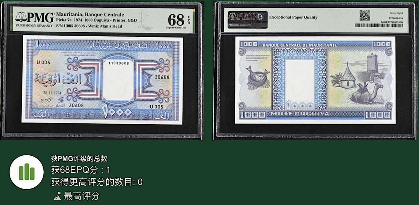《艾美收藏》第217期-10.26周日外币精品 毛里塔尼亚1000乌吉亚 PMG68E 1974年 无47尾8 唯一冠军分