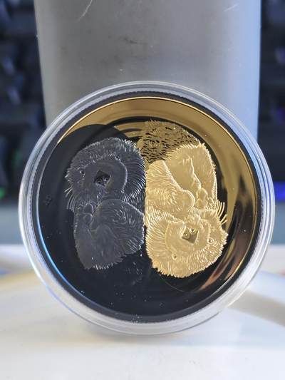 第179期拍卖【长期征集拍品】 - 加拿大2022年阴阳太极双头海獭镀金镀铑纪念银币，9999银镀金镀铑，1盎司，发行4500枚