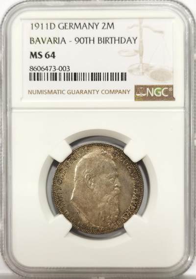 博洋堂世界钱币拍卖第144期（全场包邮） - NGC MS64 德国巴伐利亚1911年利奥波德聂政王90寿辰2马克银币。