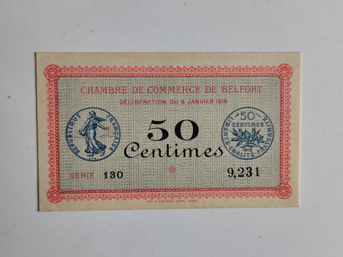 10月23日小精品外国纸币 近全新 法国1921年50生丁纸币