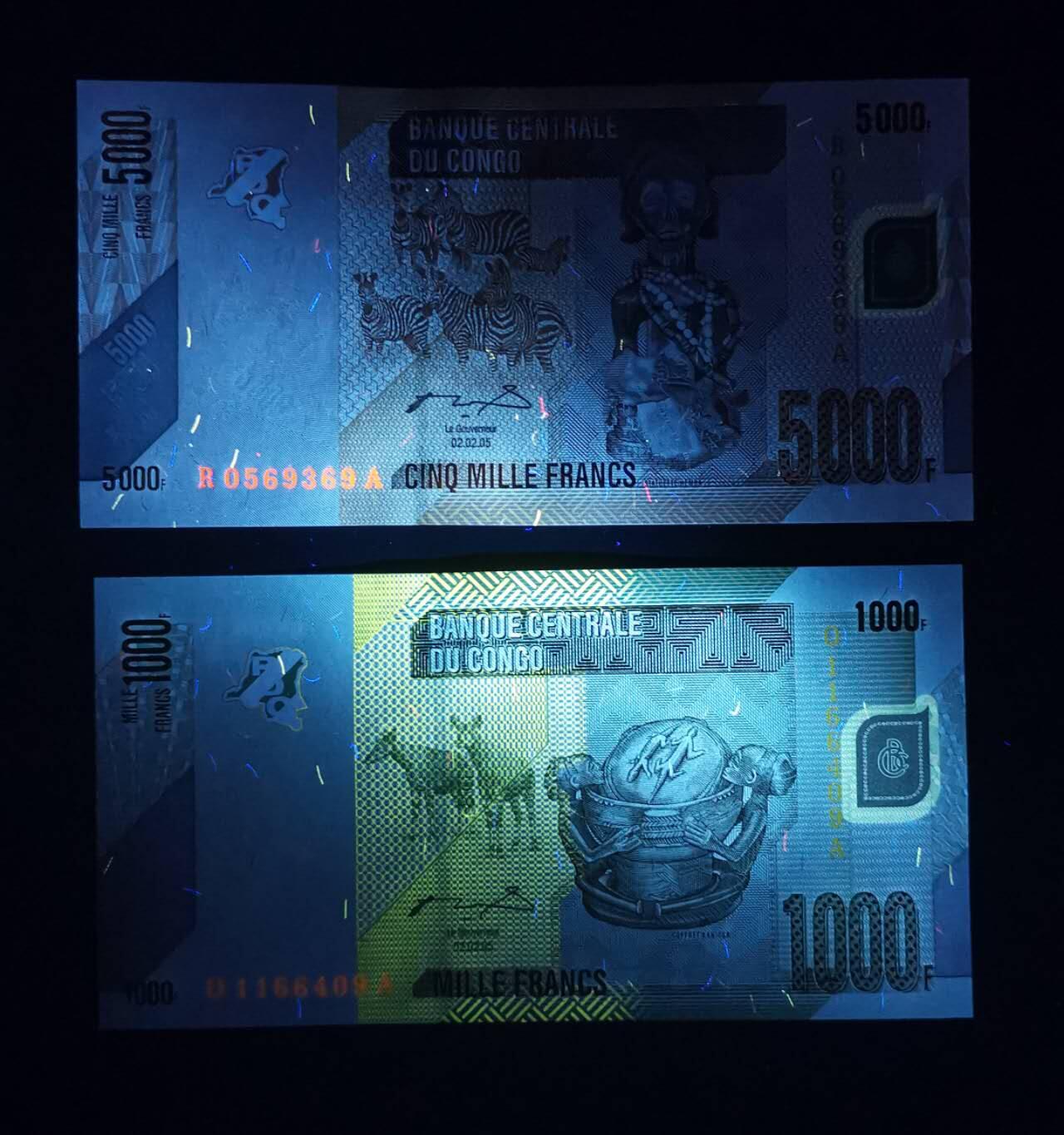 《艾美收藏》第217期-10.26周日外币精品 (2张UNC)刚果(民主刚果)2005年首发冠1000/5000法郎UNC