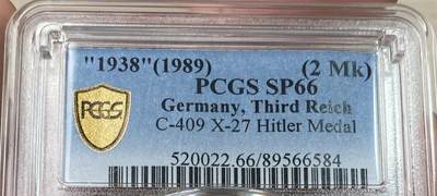 万国钱币拍卖第053期【万国秋季大拍上●周五周六两场连拍】 - PCGS SP66 1938年德国第三帝国党首像造镀银2马克币型章 非常规币目录编号X#27 顶级镜面品质（原图请私信后台或自行查询官网）