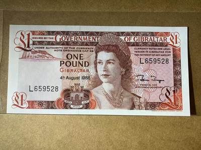 【礼羽收藏】🌏世界钱币拍卖第109期 - 【L659528】全新UNC 1988年直布罗陀1镑纸币 女王钞 无347尾528 钻石号