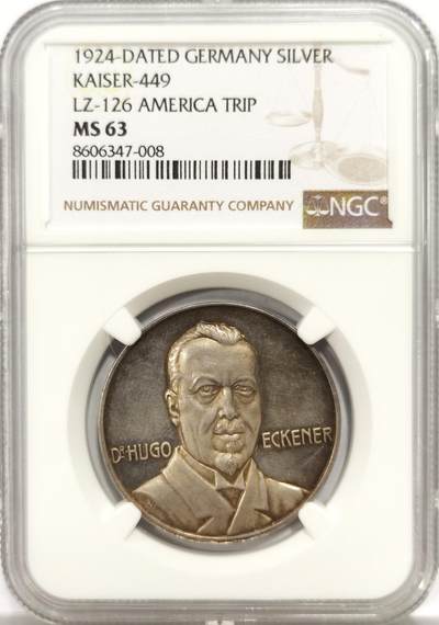 博洋堂世界钱币拍卖第144期（全场包邮） - NGC MS63 德国1924年齐柏林飞艇环美洲飞行纪念银章，经典的咖啡包浆，低评状态。
