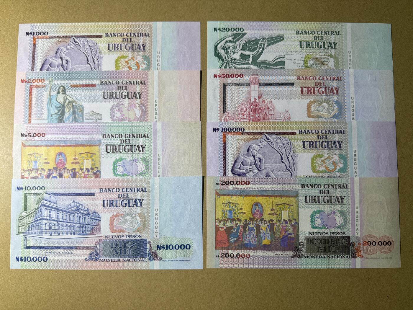 《艾美收藏》第217期-10.26周日外币精品 乌拉圭1000-200000比索8张 UNC 1989-1992年版