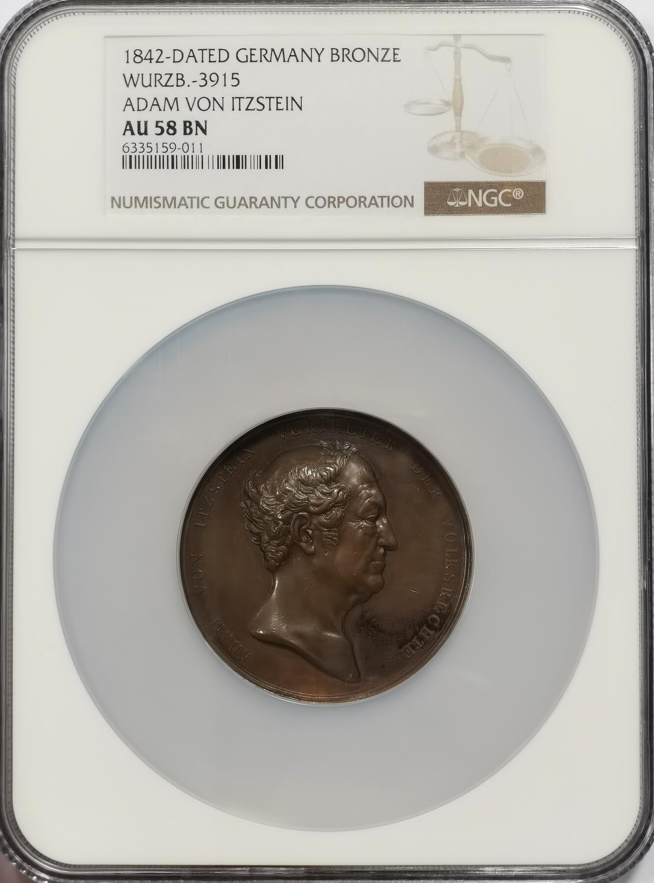 博洋堂世界钱币拍卖第144期（全场包邮） NGC AU58 1842年德国纪念Adam von ltzstein人物铜章