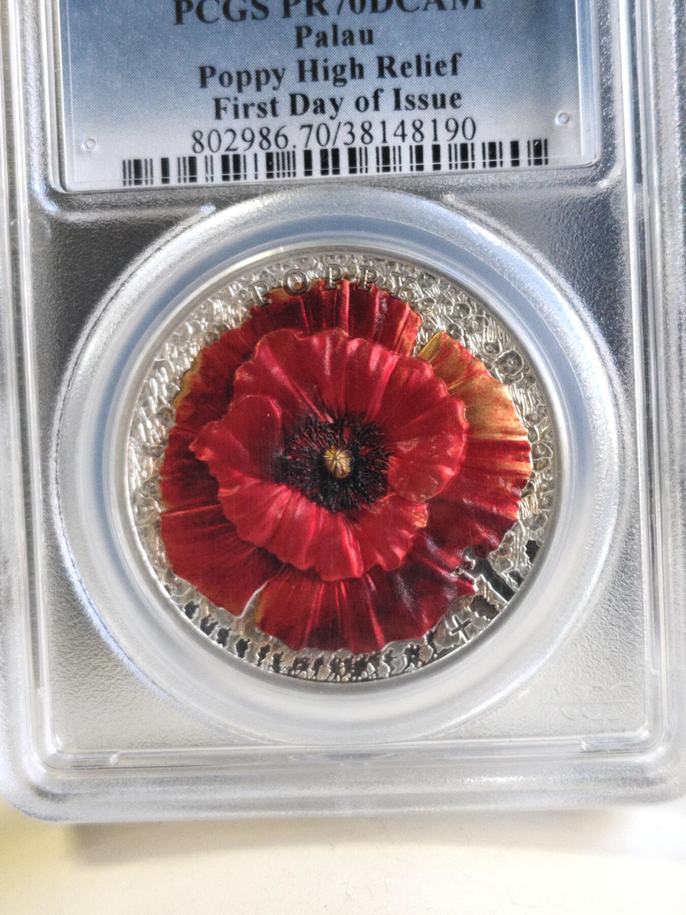 第179期拍卖【长期征集拍品】 帕劳2019年花卉罂粟花2盎司高浮雕彩银币PCGS-PR70，999银，发行999枚