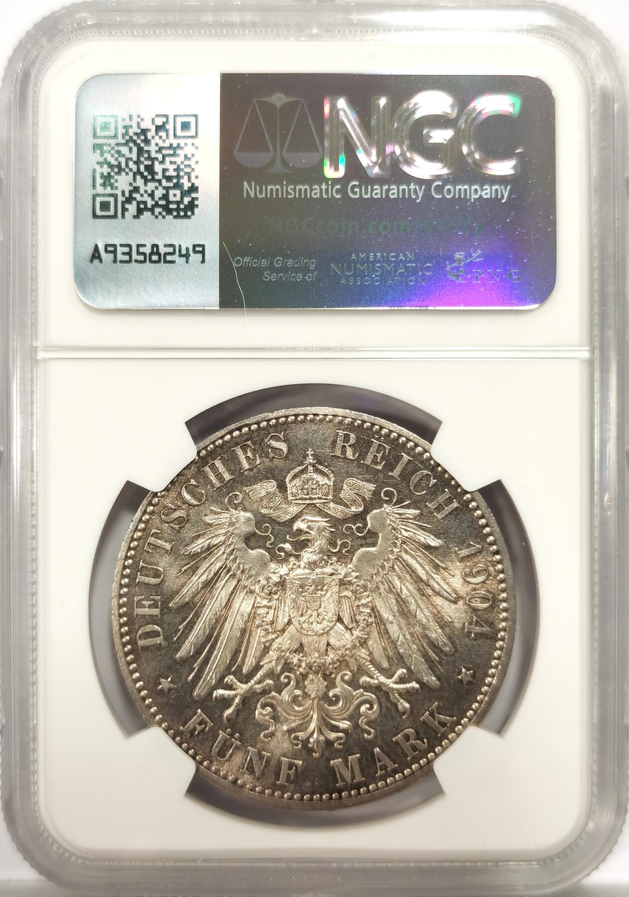 博洋堂世界钱币拍卖第144期（全场包邮） NGC MS63 德国梅克伦堡-什未林1904年结婚纪念5马克银币，类似PL的底板。
