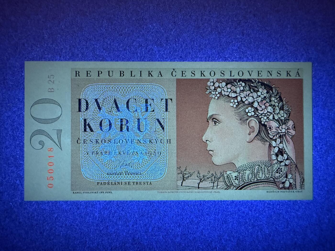 《艾美收藏》第217期-10.26周日外币精品 捷克斯洛伐克20克朗 UNC 1949年 花环少女 无347