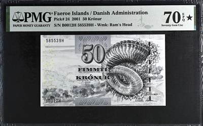 《艾美收藏》第217期-10.26周日外币精品 - 法罗群岛50克朗 PMG70E 2001年初版 满分冠军分 无47