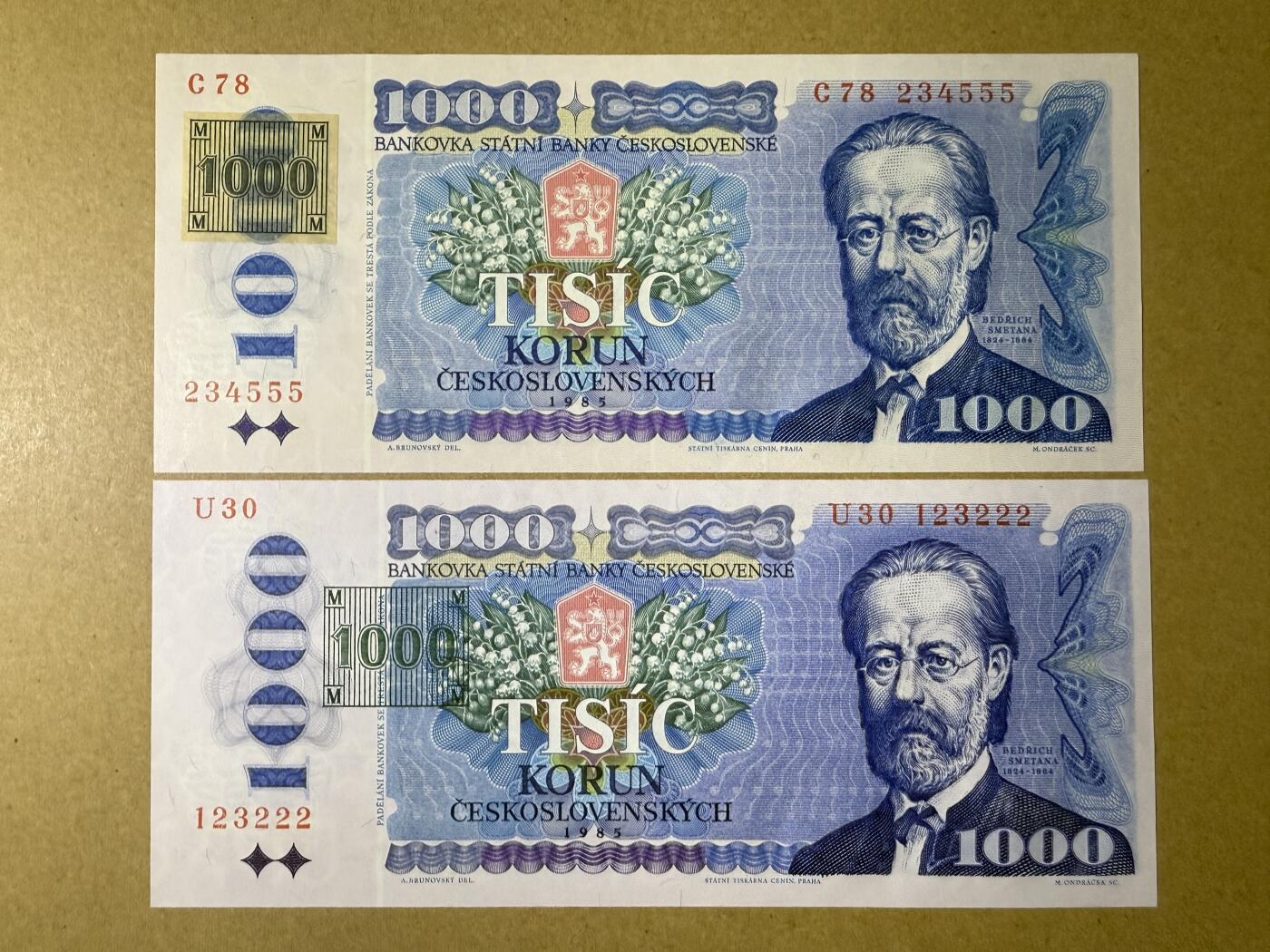 《艾美收藏》第217期-10.26周日外币精品 豹子号 捷克1000克朗2张 UNC 第一版纸币 加盖邮票和邮戳版各1张 全部豹子号