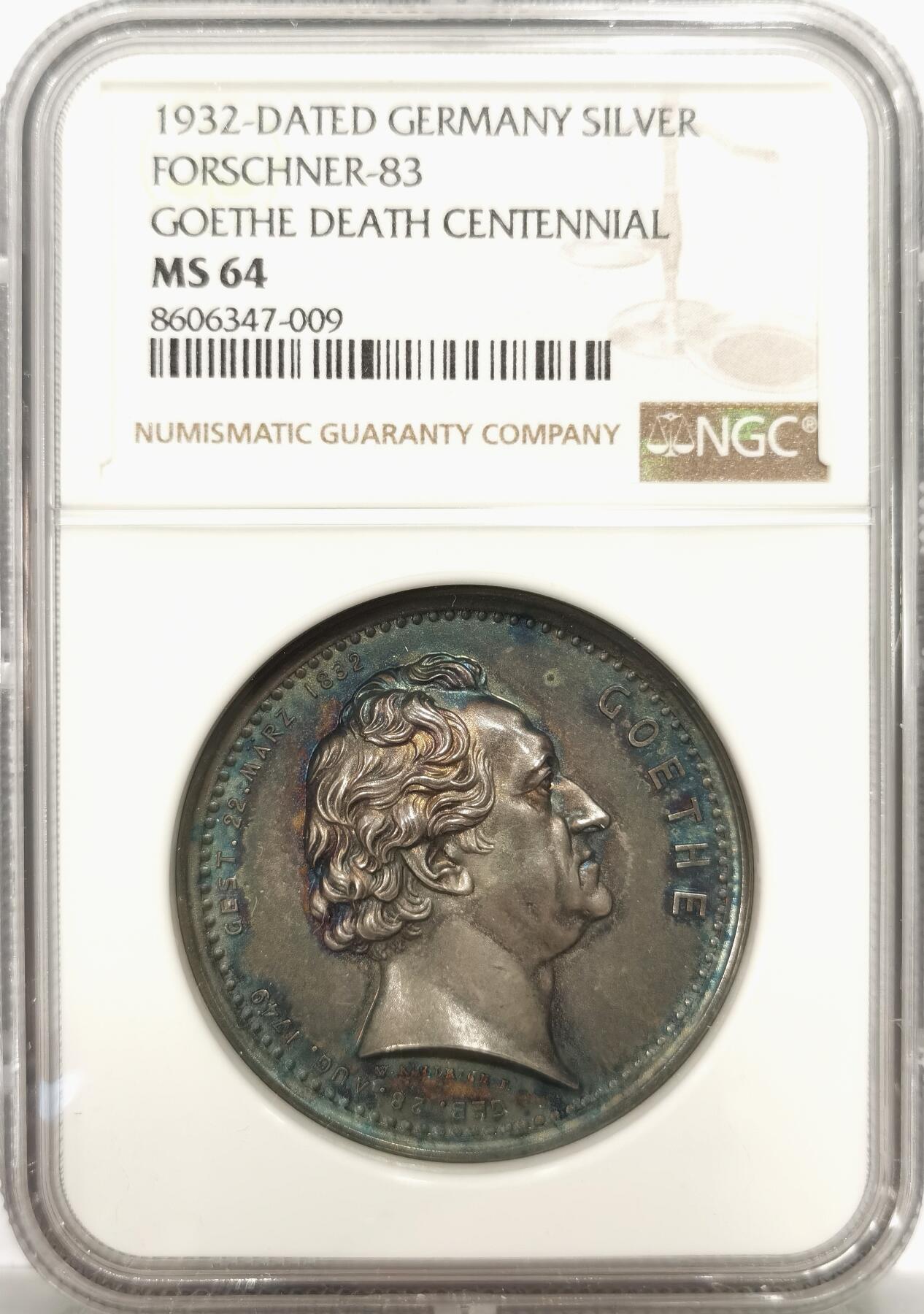 博洋堂世界钱币拍卖第144期（全场包邮） NGC MS64 德国1932年歌德逝世100周年纪念银章，高浮雕作品，蓝紫的包浆，绝佳的品相。