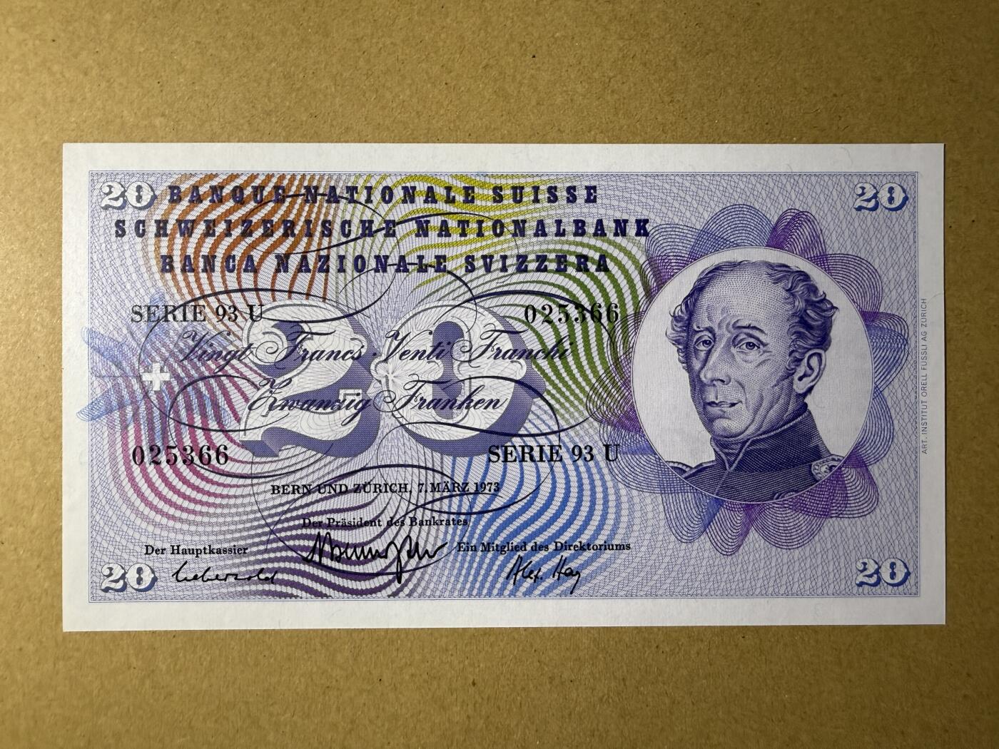 《艾美收藏》第217期-10.26周日外币精品 瑞士20法郎 UNC 1973年 国际红十字会首任主席杜福尔 无47双尾
