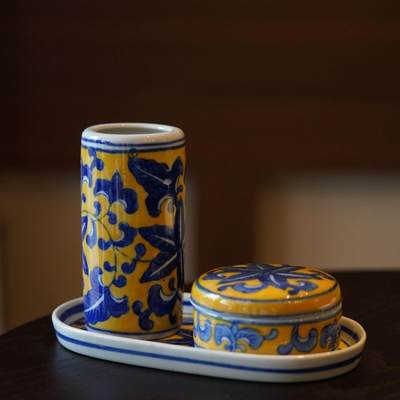 听雨轩（39） - 柴烧工艺青花瓷老货书房三件套 帝王黄底釉