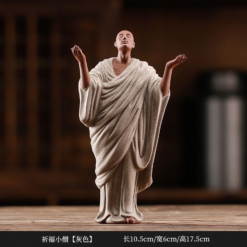 听雨轩（八） 禅意紫砂灰色祈福小僧摆件 7*6*16cm